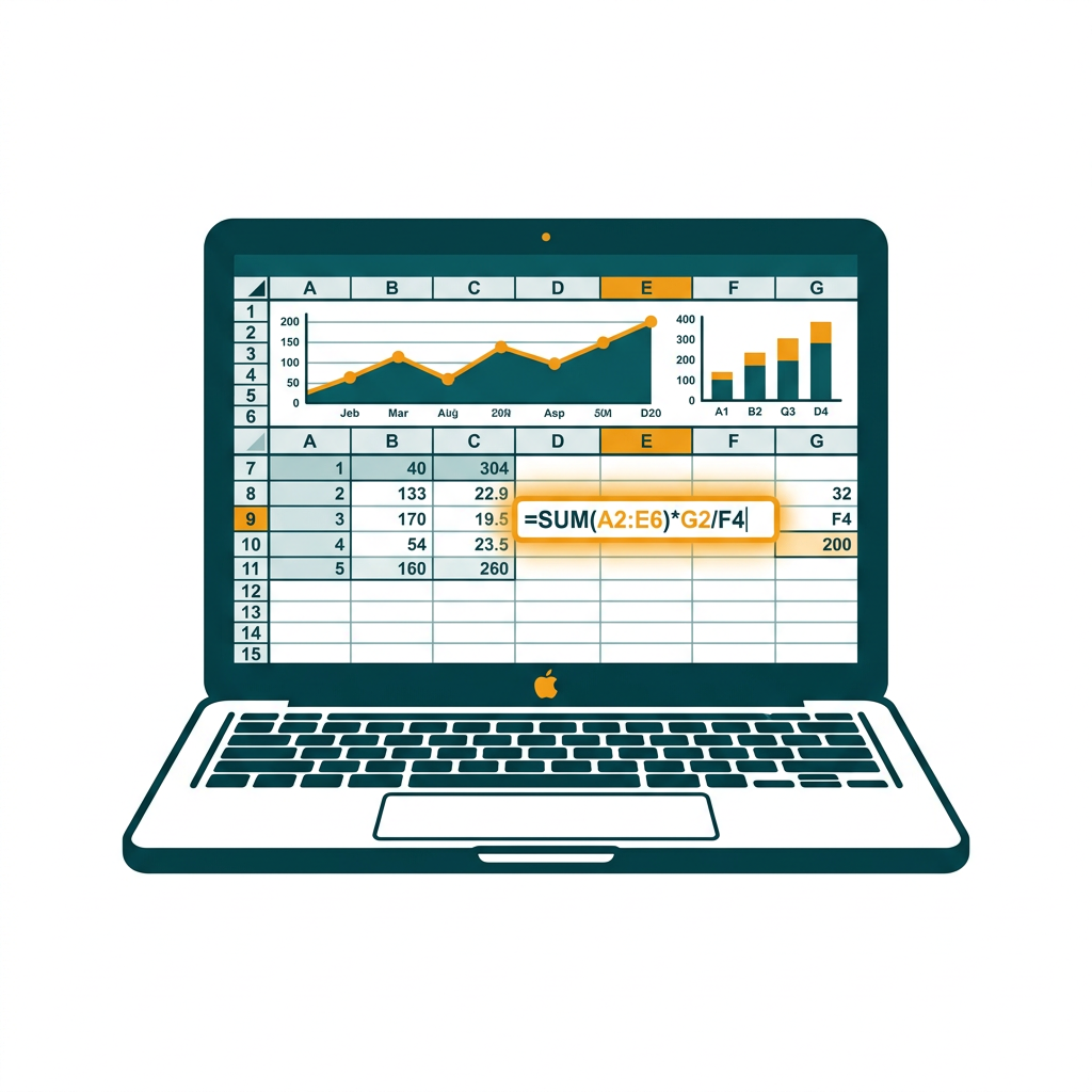 a complex spreadsheet with charts and graphs displayed on a macbook screen, focused on a specific formula cell
