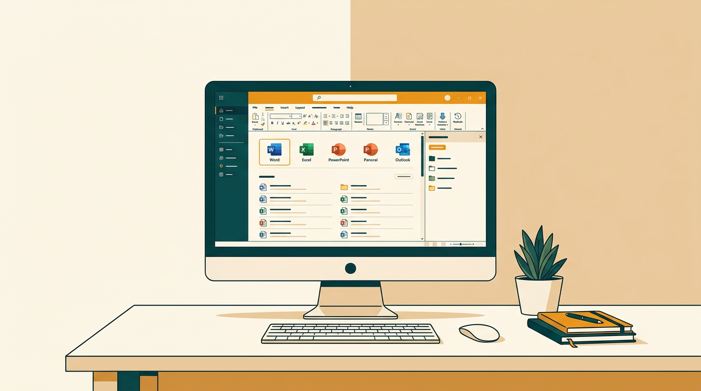 a clean and modern office desk with a computer monitor displaying the Microsoft Office 2021 Standard application suite interface, emphasizing clarity and productivity