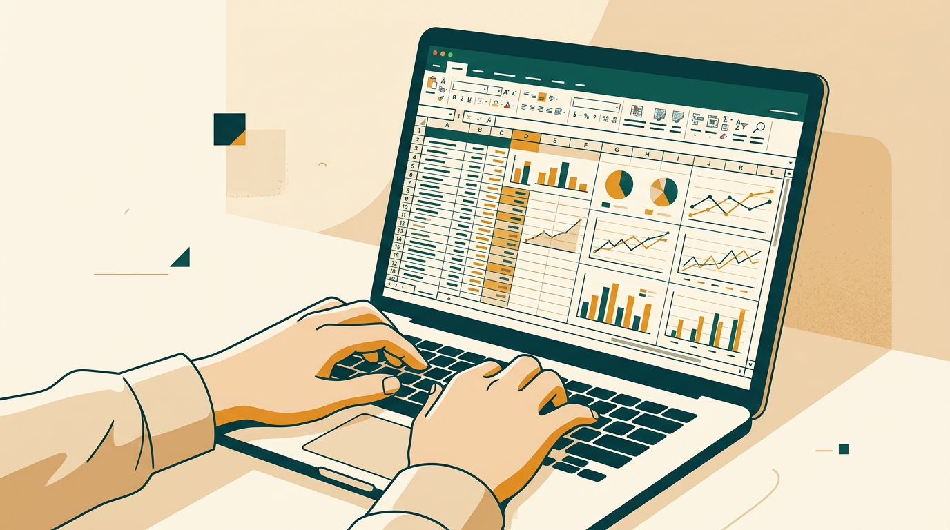 a close-up shot of a person's hands typing on a laptop keyboard, with an Excel spreadsheet showing complex data and charts on the screen, conveying a sense of detailed work