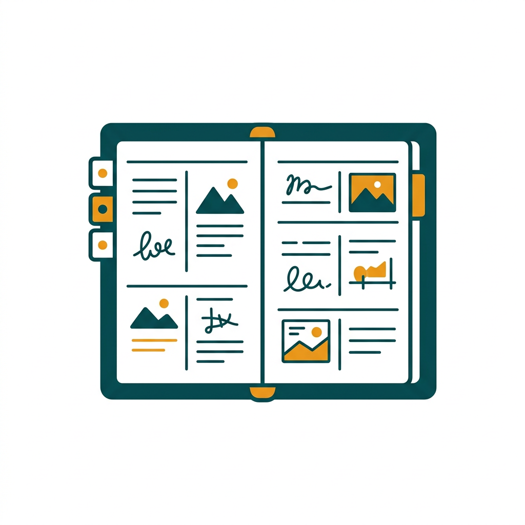 an open digital notebook with sections and pages, showing handwritten notes and images