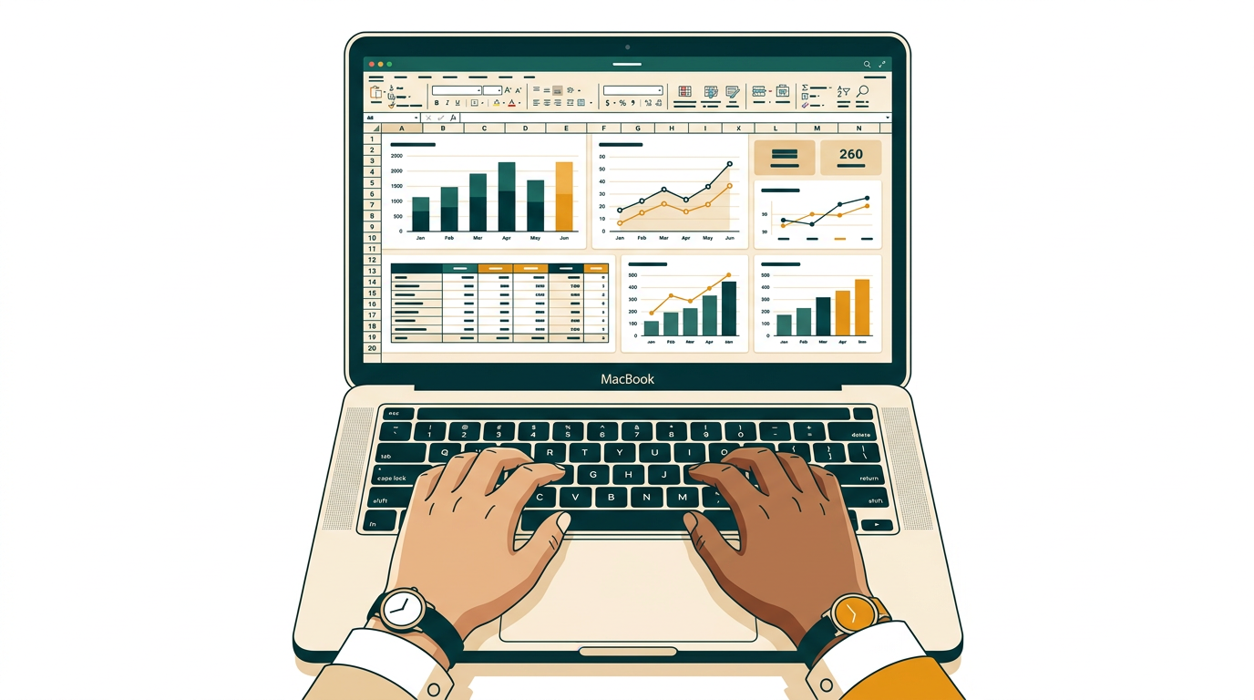 a close-up of a person's hands typing on a macbook keyboard, with a complex excel spreadsheet visible on the screen, showing data analysis charts and figures