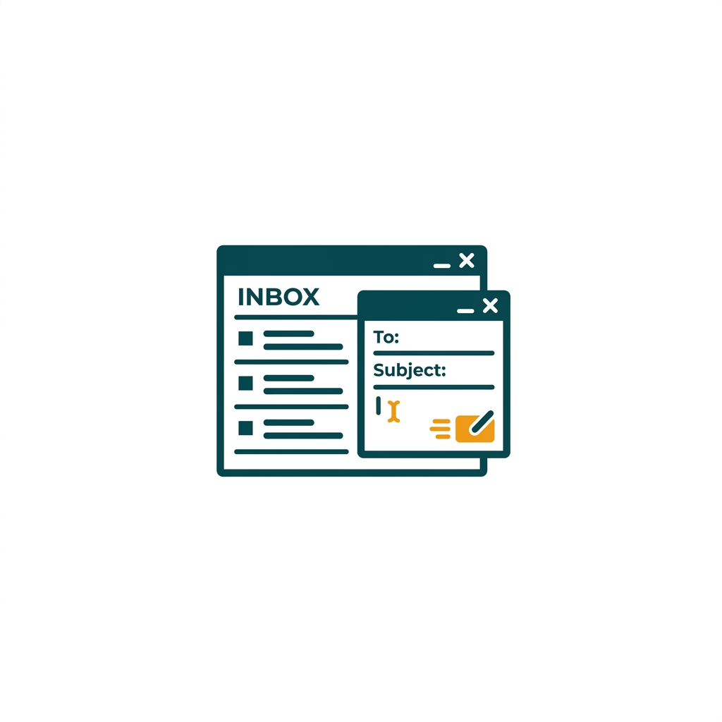 an open email client interface showing an inbox list and a new message window