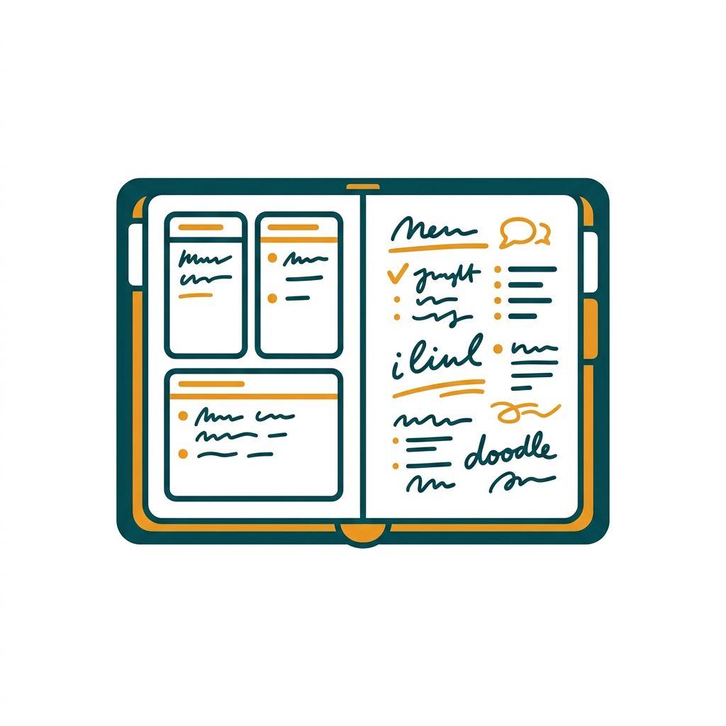 an open digital notebook with different sections and handwritten-style notes