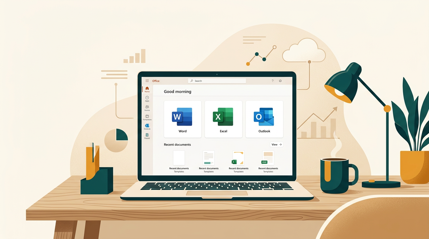a clean, modern home office setup with a laptop displaying the Microsoft Office 2024 Home & Business start screen, with icons for Word, Excel, and Outlook visible