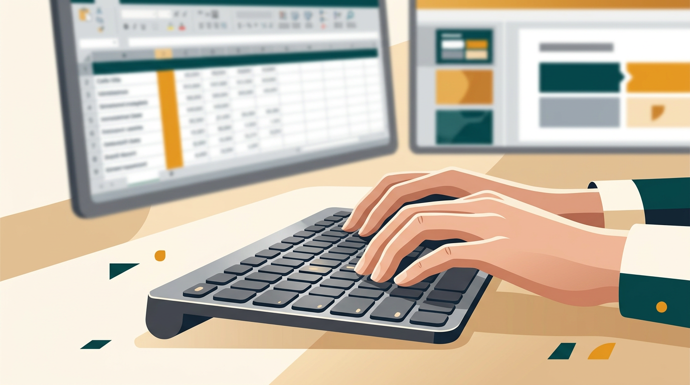 a close-up shot of a person's hands typing on a modern keyboard, with a blurred background showing a screen with a complex Excel spreadsheet and a PowerPoint presentation
