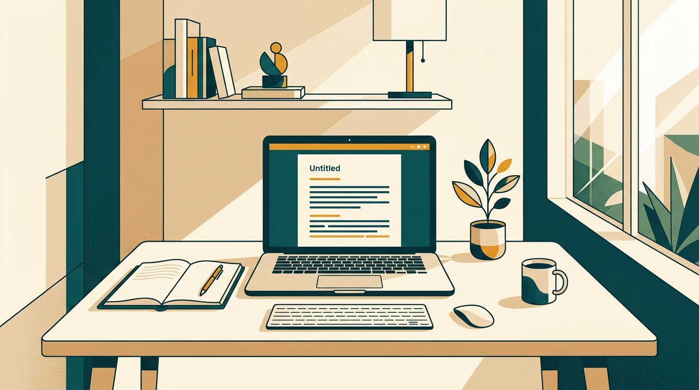 a clean, brightly lit home office desk with a laptop displaying a Word document, a notebook and a plant next to it, minimalist style