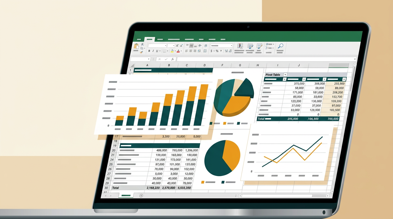 a close-up of a laptop screen showing a detailed Excel spreadsheet with colorful graphs and pivot tables, focused on financial data analysis