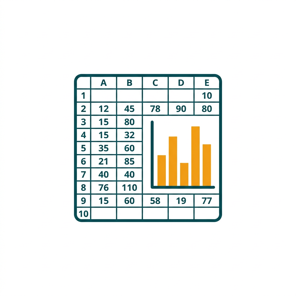 a spreadsheet grid with cells, some filled with numbers and a simple colorful bar chart