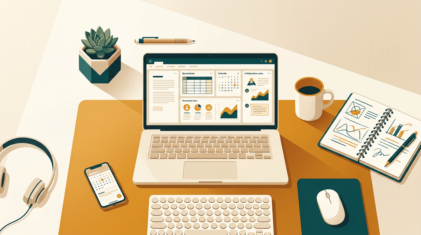 a modern minimal workspace with a laptop showing an office productivity suite, soft cream background, top-down editorial composition