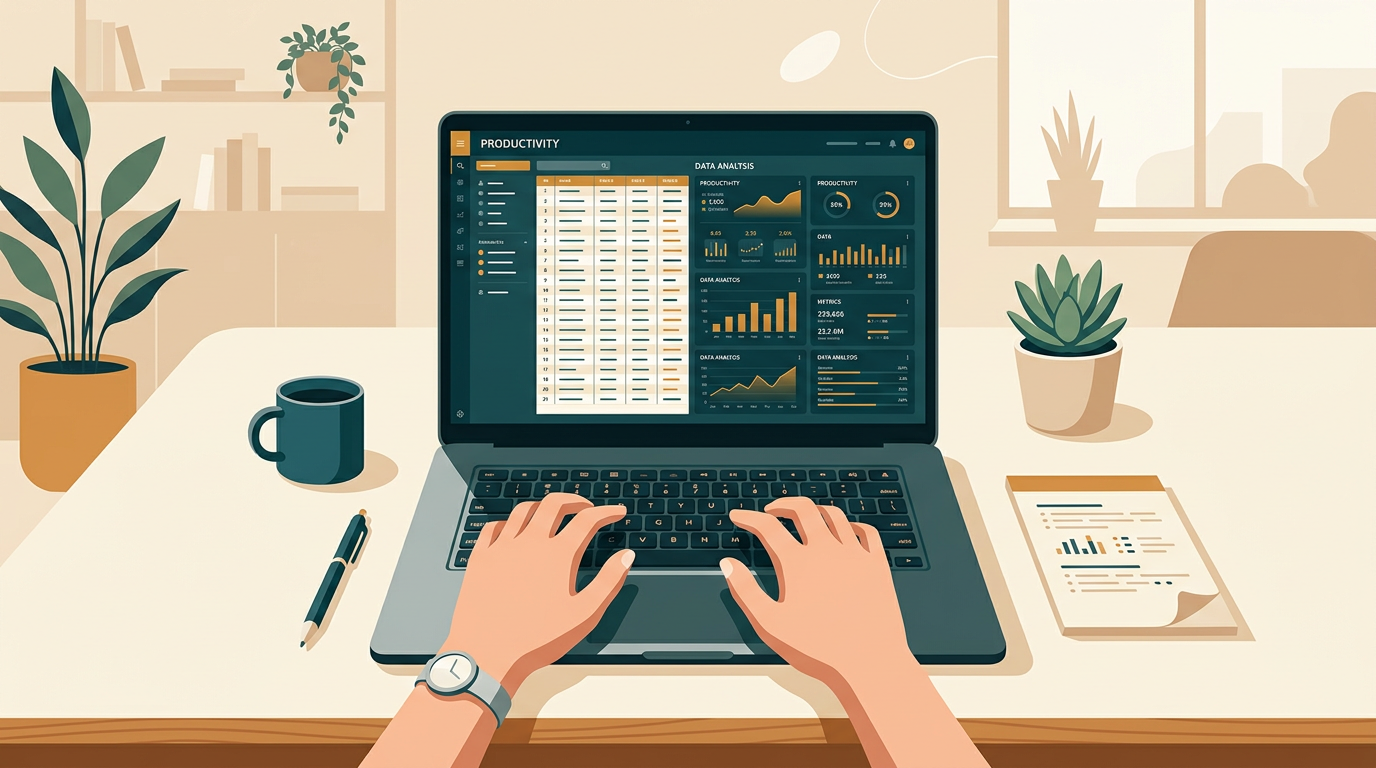 a close-up shot of a person's hands typing on a laptop keyboard, with a complex data table visible on the screen, reflecting productivity and data analysis