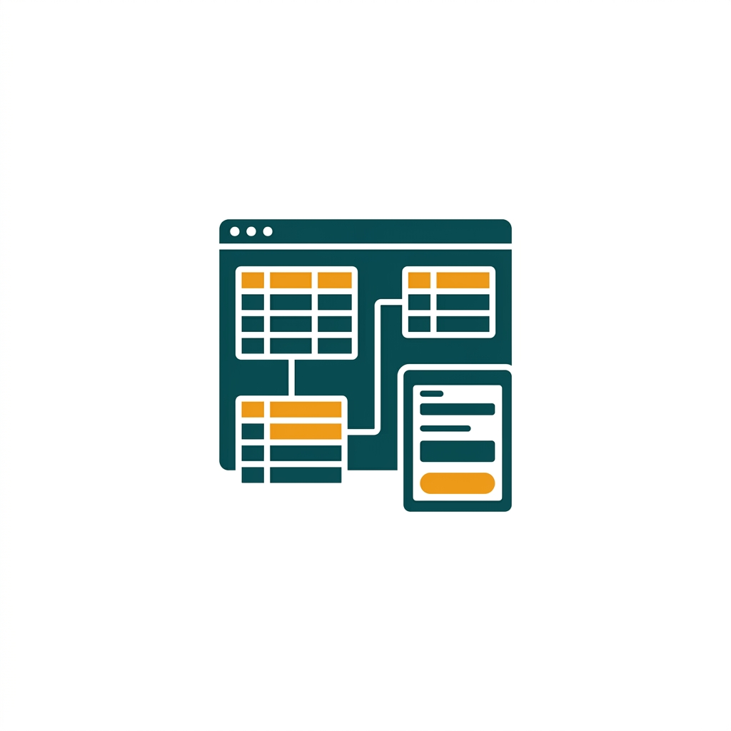 a database interface with tables, forms, and relationship lines connecting them
