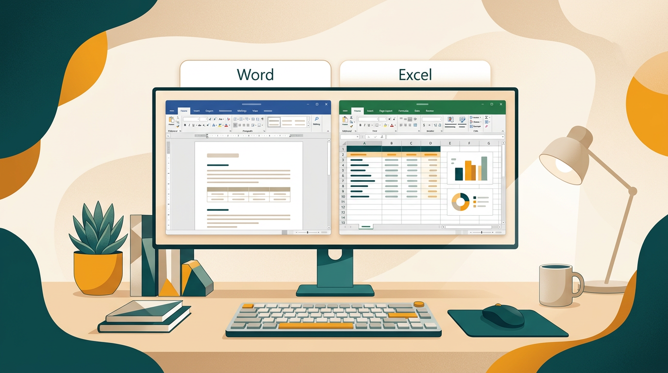 a clean, organized desk setup with a monitor displaying the Microsoft Office 2024 Professional suite interface, focused on the Excel and Word applications, professional and bright aesthetic