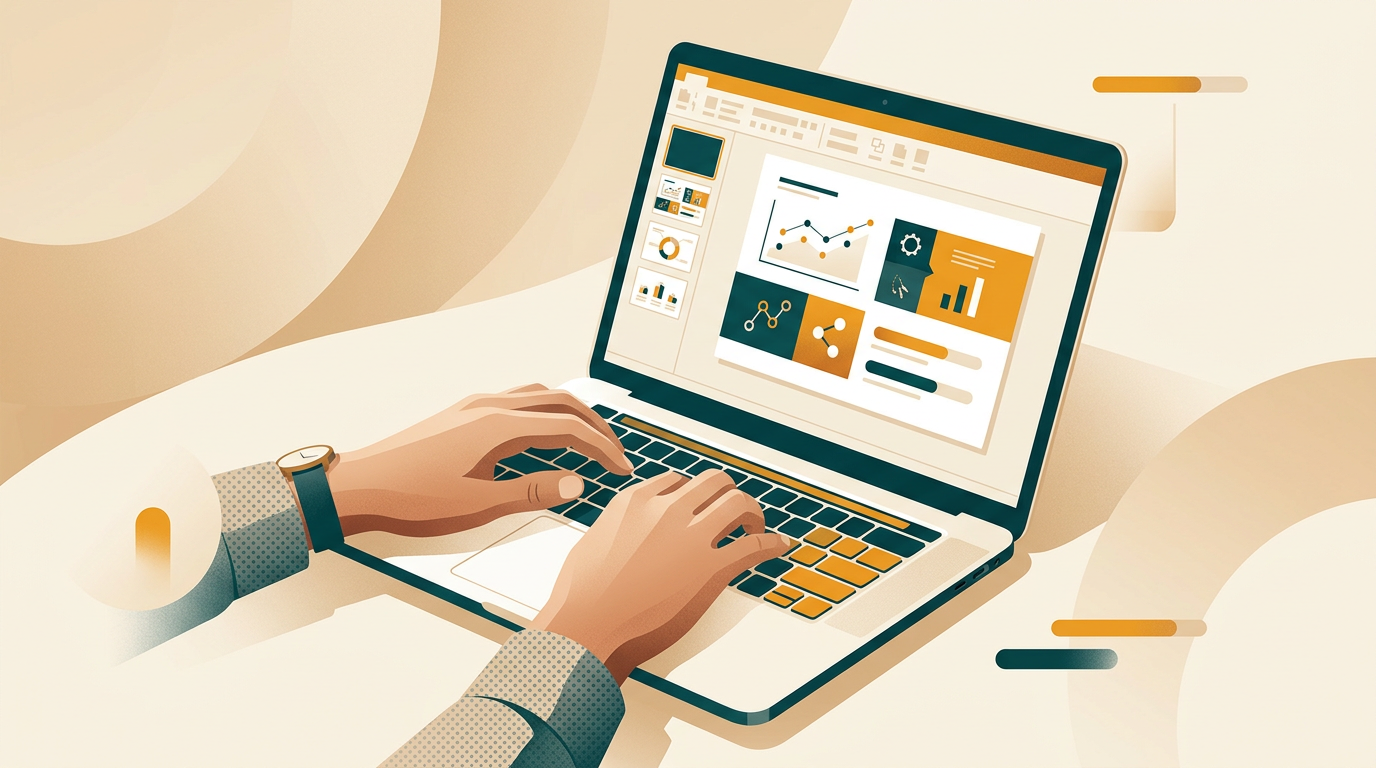 a close-up of a person's hands typing on a laptop, with a PowerPoint presentation slide visible on the screen, showing professional design elements and charts