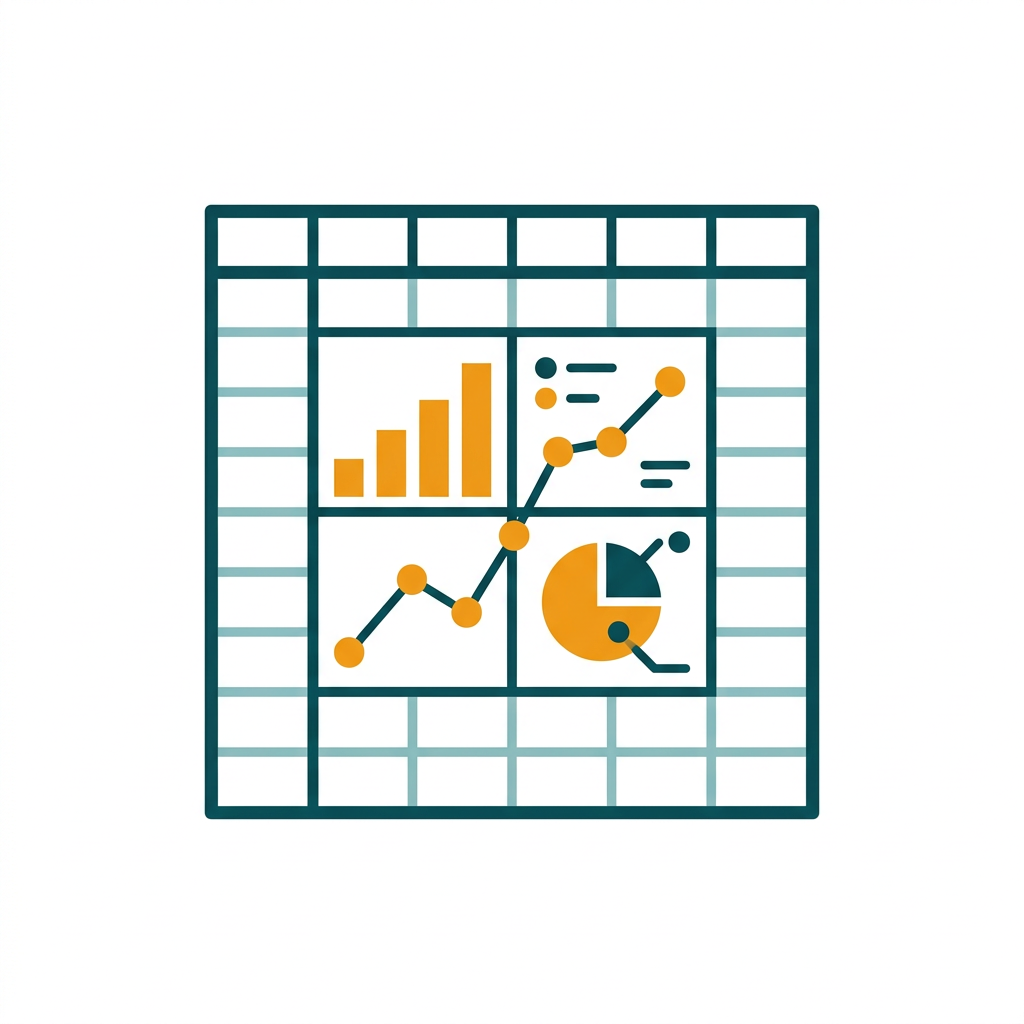a spreadsheet grid with colorful charts and data visualization elements