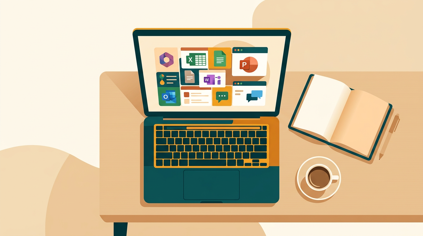 a clean and minimalist workspace desk viewed from above, showing a laptop with the Office 2024 Standard application suite on screen, alongside a notebook and a cup of coffee