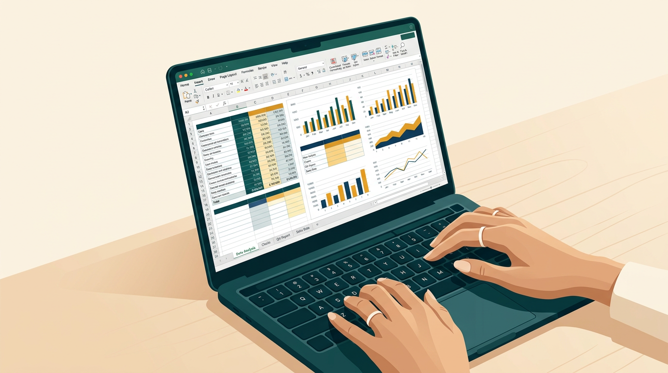 a close-up shot of a person's hands typing on a laptop keyboard, the screen shows a complex Excel spreadsheet with colorful charts and data tables, indicating professional use