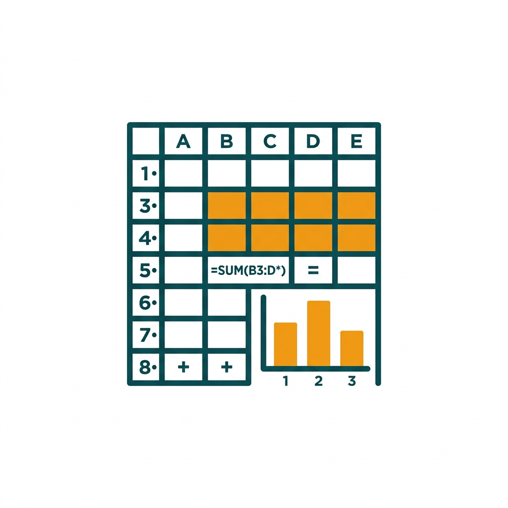 a spreadsheet grid with highlighted cells, formulas, and a simple bar chart graphic