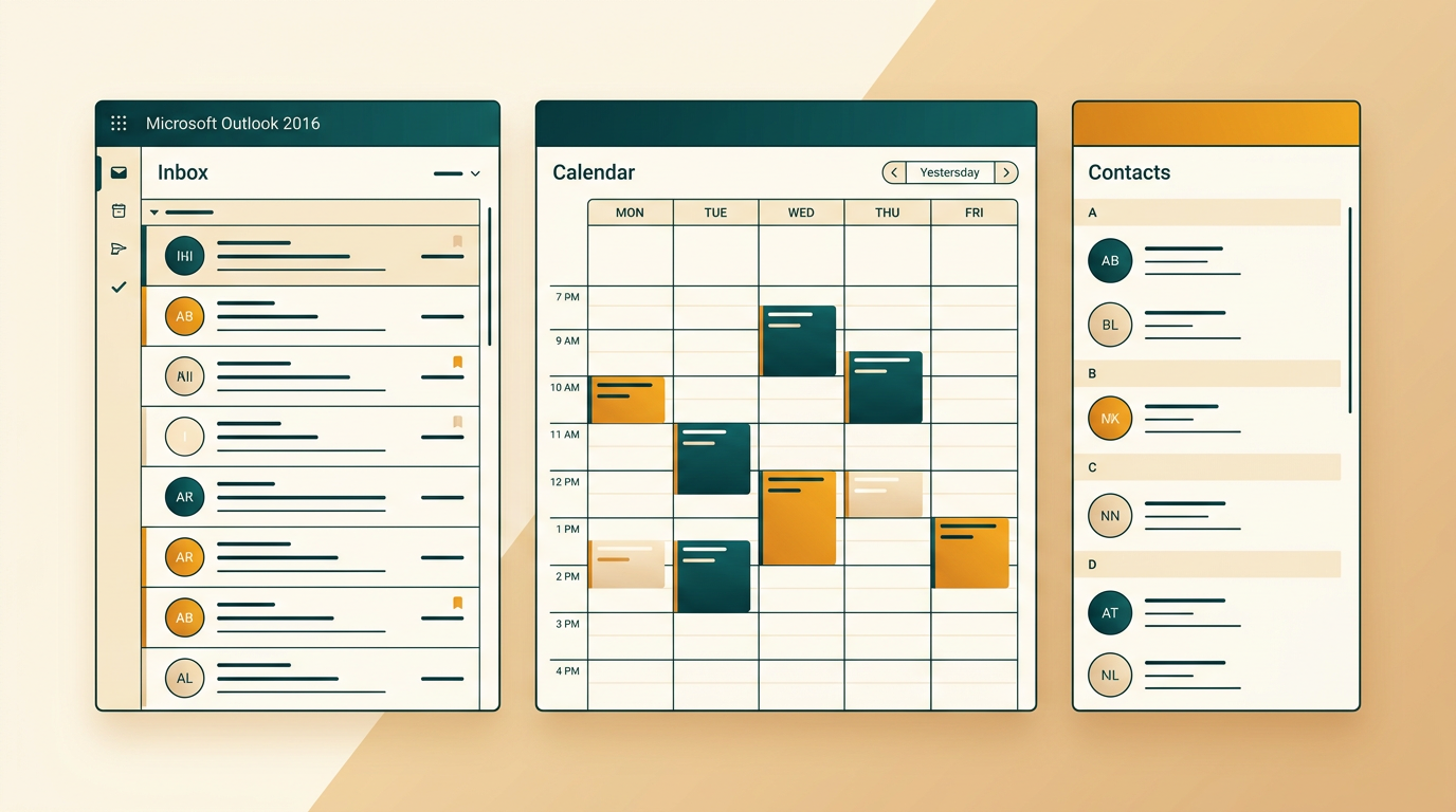 a clean and organized desktop screen showing the Microsoft Outlook 2016 interface, with an email inbox, a calendar view, and a contacts list side-by-side