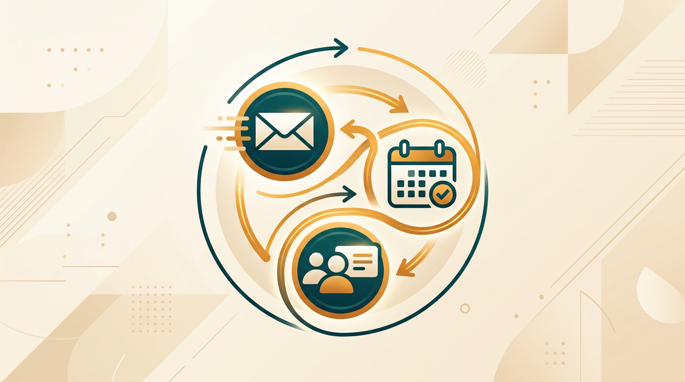 a stylized graphic showing the connection between email, calendar, and contacts icons, symbolizing integrated personal information management