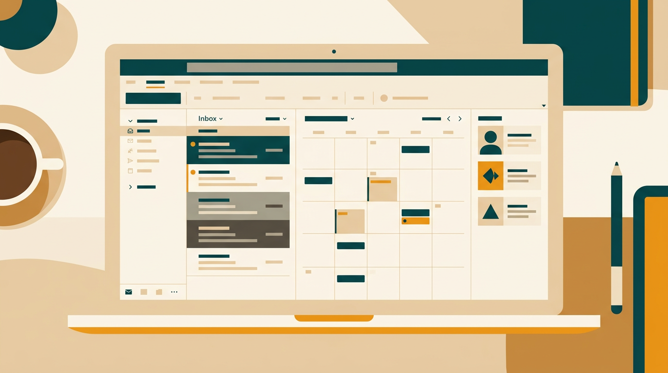 a clean and organized desktop screen showing the Microsoft Outlook 2019 interface with an email inbox, a calendar view, and contact cards, minimalist flat design