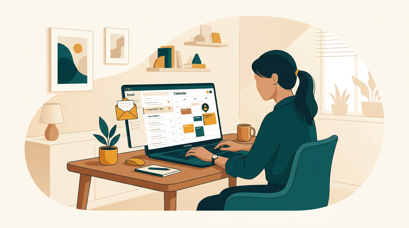 a stylized illustration of a person sitting at a desk, efficiently managing emails and calendar events on a computer screen, focused and productive workspace vibe