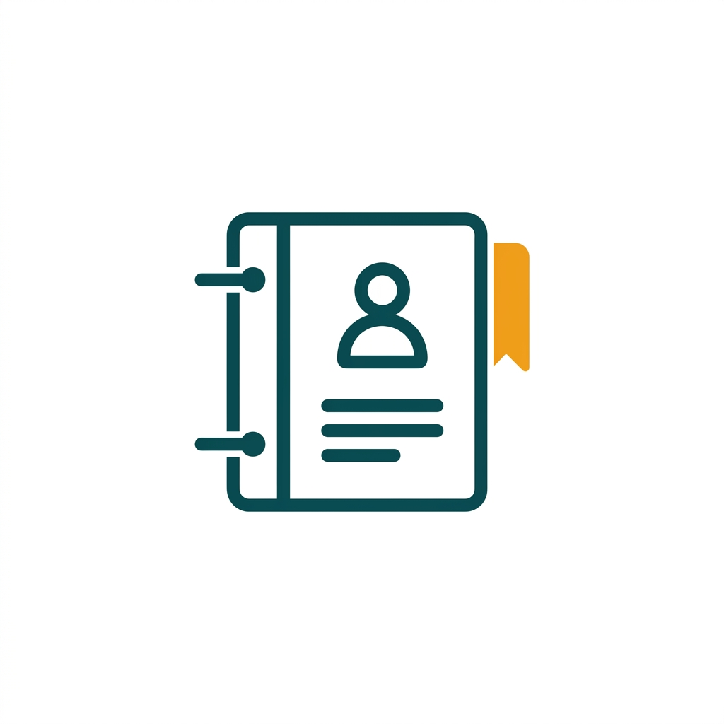 an address book icon with a stylized person silhouette and contact details