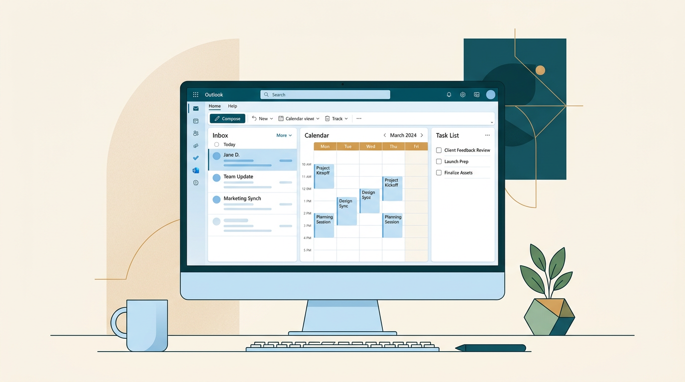 a clean, modern desktop screen showing the Microsoft Outlook 2021 interface with an inbox, calendar, and task list visible, soft blue and white tones