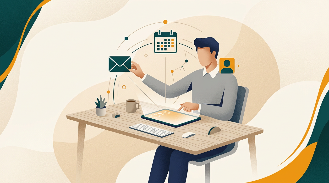an abstract illustration of a person at a desk organizing digital icons representing email, calendar, and contacts, symbolizing efficient management and productivity