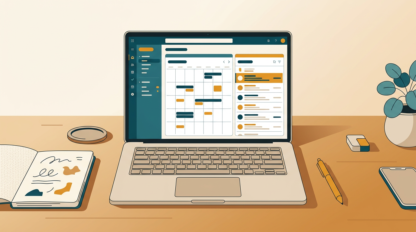 a clean, minimalist top-down view of a desk with a laptop displaying the Microsoft Outlook 2024 interface, showing a calendar and email inbox, next to a notebook and a pen