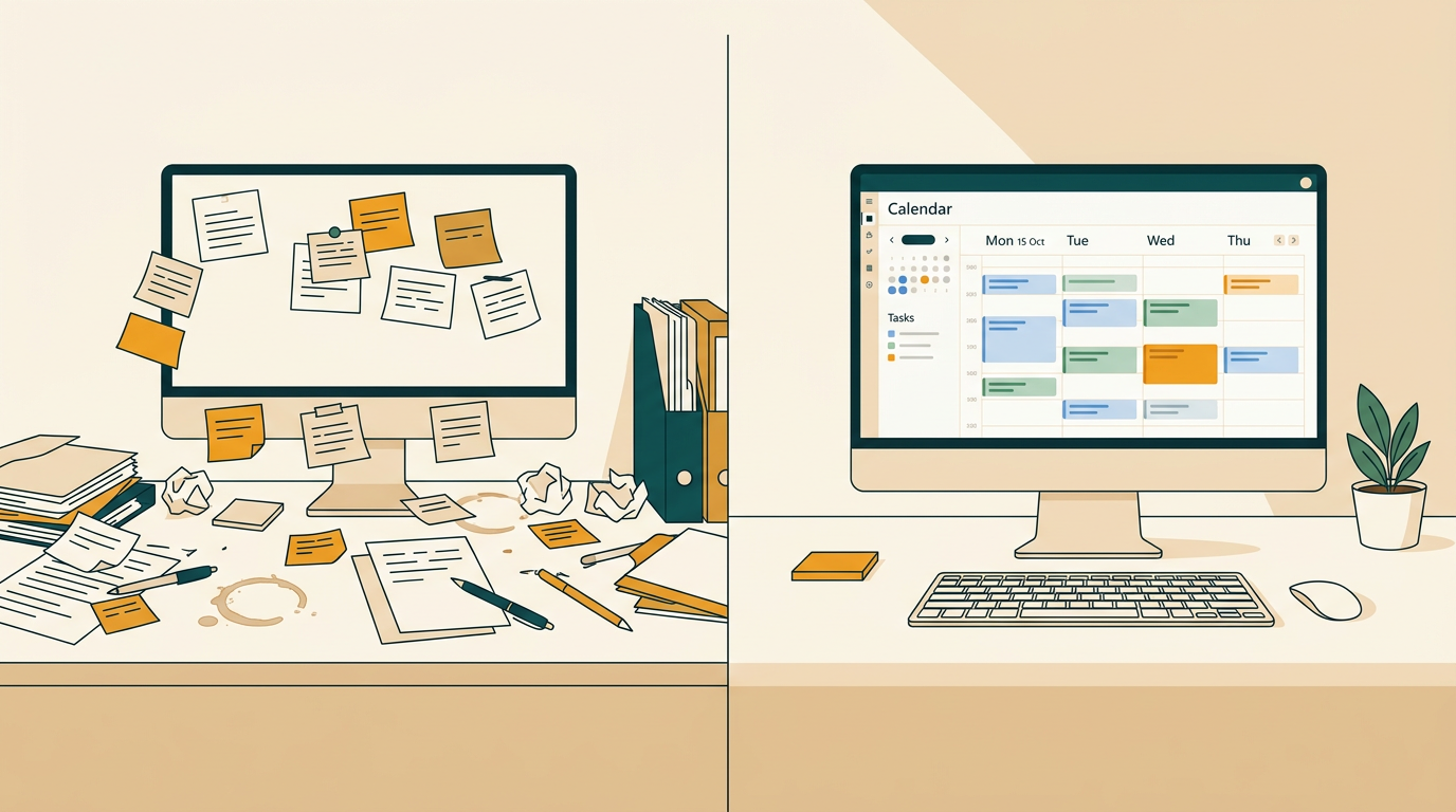 a split-screen editorial illustration, one side showing a cluttered desk with paper notes, the other side showing a clean desk with the Outlook 2024 calendar neatly organizing the same tasks