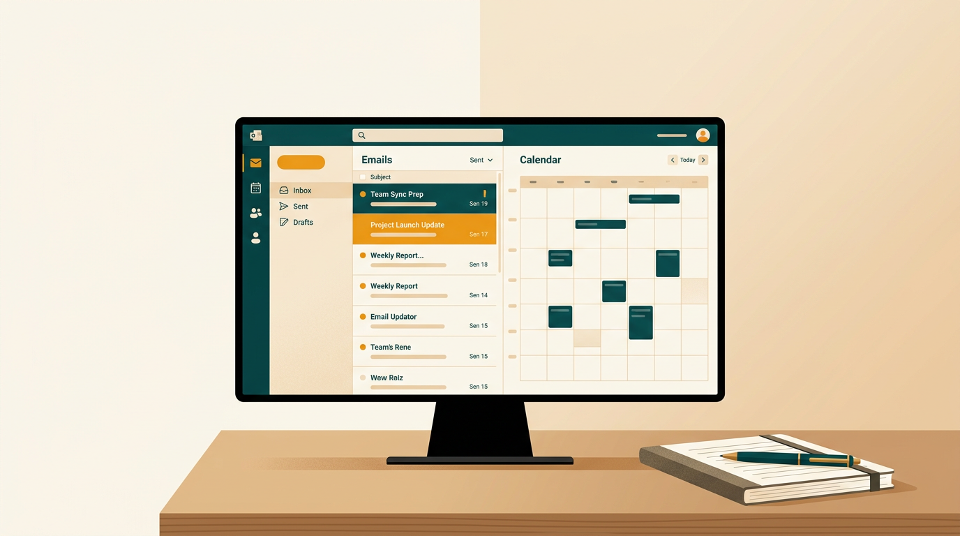 an elegant, minimalist composition of a desktop screen showing the Microsoft Outlook interface with calendar and email panels, next to a notebook and a pen on a clean desk