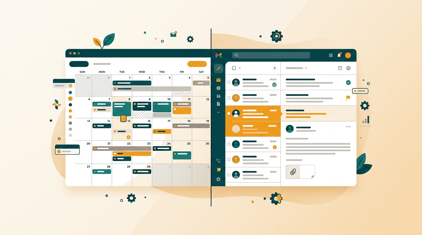 a split-screen view showing a busy calendar on one side and a clean, organized email inbox on the other, symbolizing control and efficiency