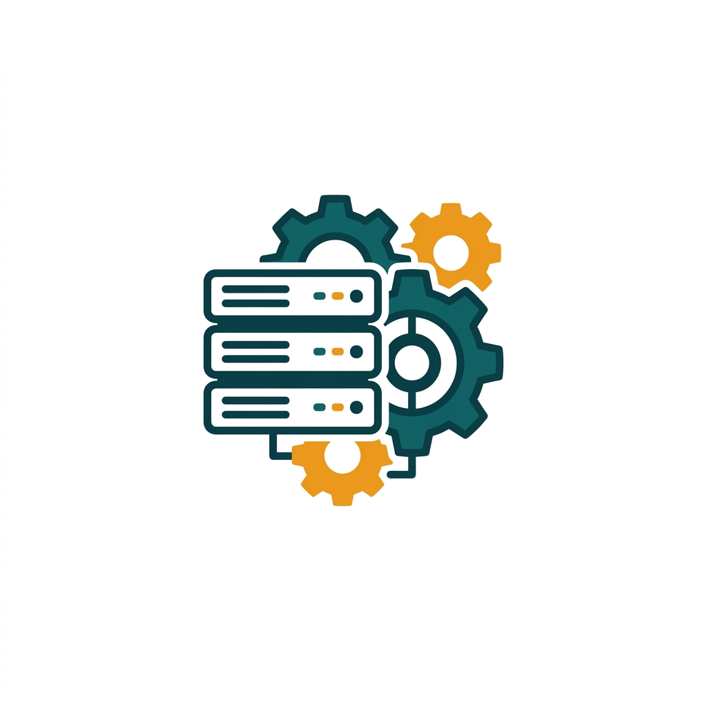 a collection of interconnected gears and server icons, representing enterprise features