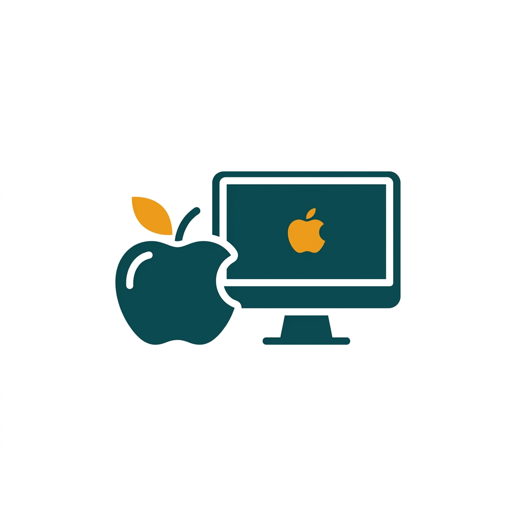 a stylized apple fruit icon next to a computer monitor, representing mac compatibility