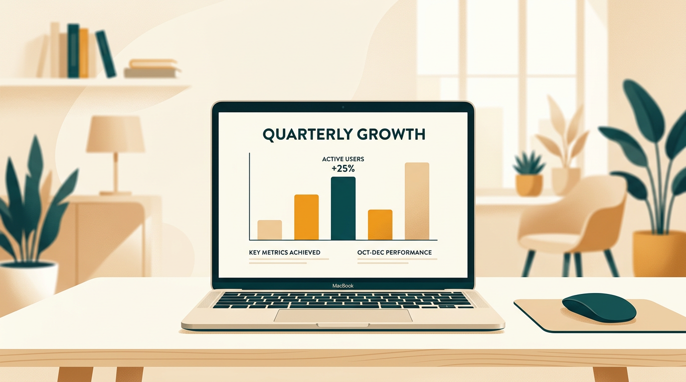 a clean presentation slide on a laptop screen, showing a bar chart and minimal text, office environment in the background, soft focus