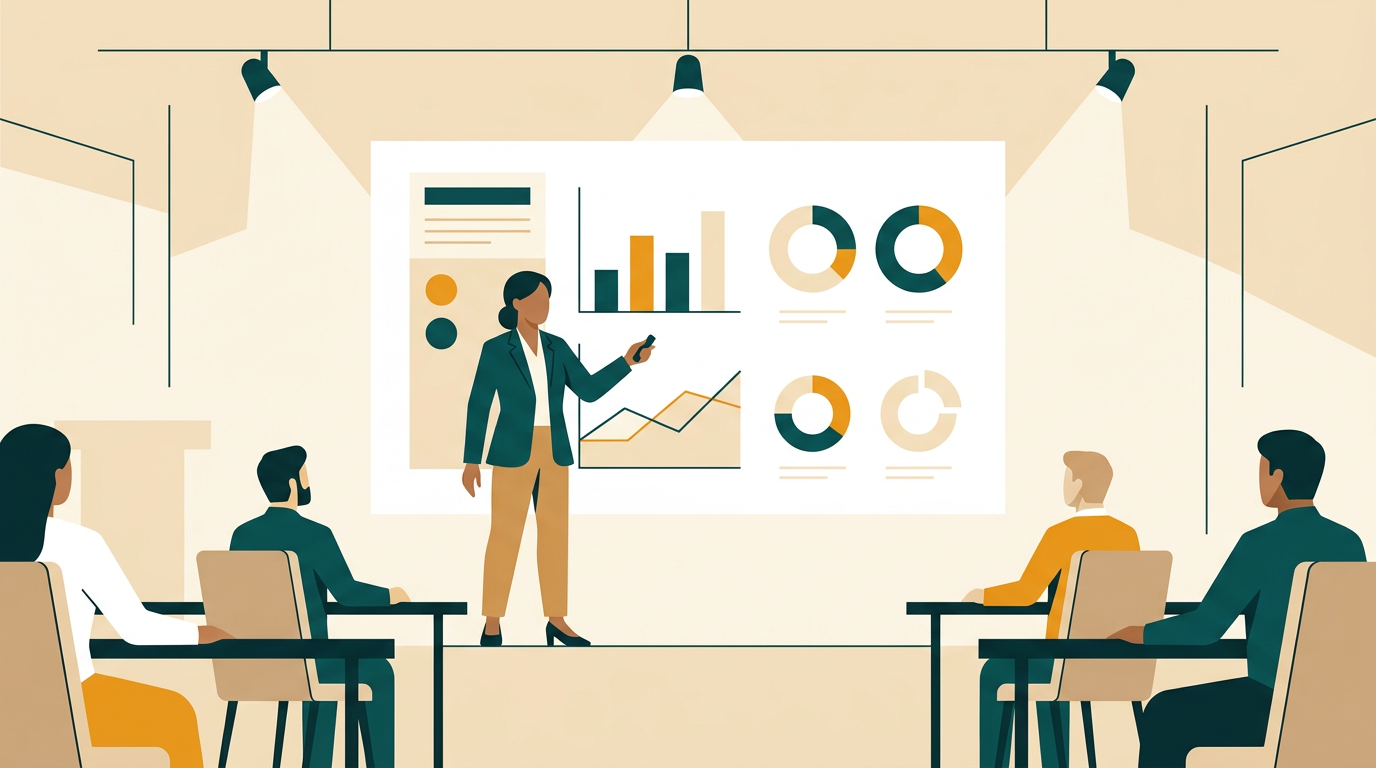a person presenting in front of a large screen displaying a PowerPoint slide with data visualizations, professional business meeting setting, editorial style