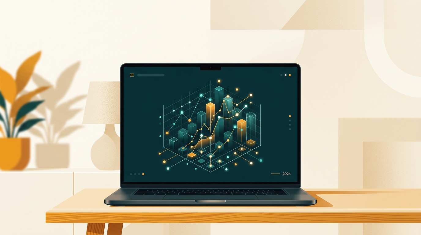 a sleek, dark-themed presentation slide on a laptop screen, showing a complex 3D chart with glowing data points, minimal and professional