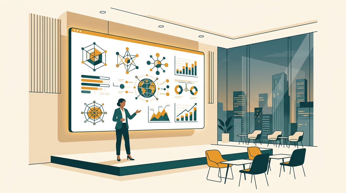 a person presenting in a modern conference room, a large screen behind them displays a dynamic PowerPoint slide with animated infographics