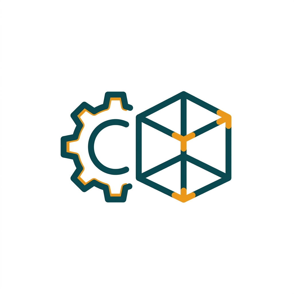 a simple vector graphic of a gear icon and a wireframe 3D cube side-by-side
