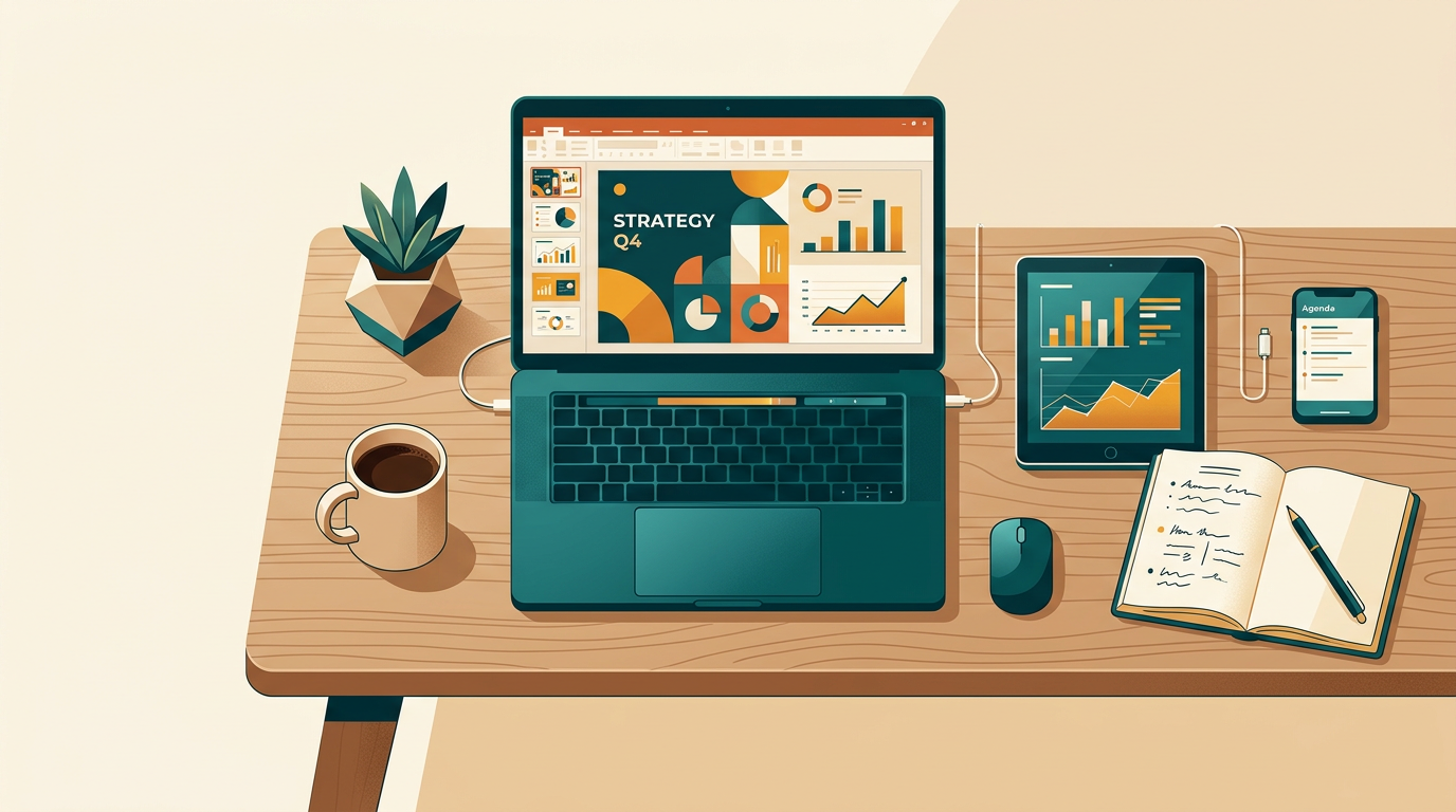 a clean and modern workspace desk viewed from above, with a laptop displaying a vibrant powerpoint slide design, alongside a tablet, notebook, and a cup of coffee
