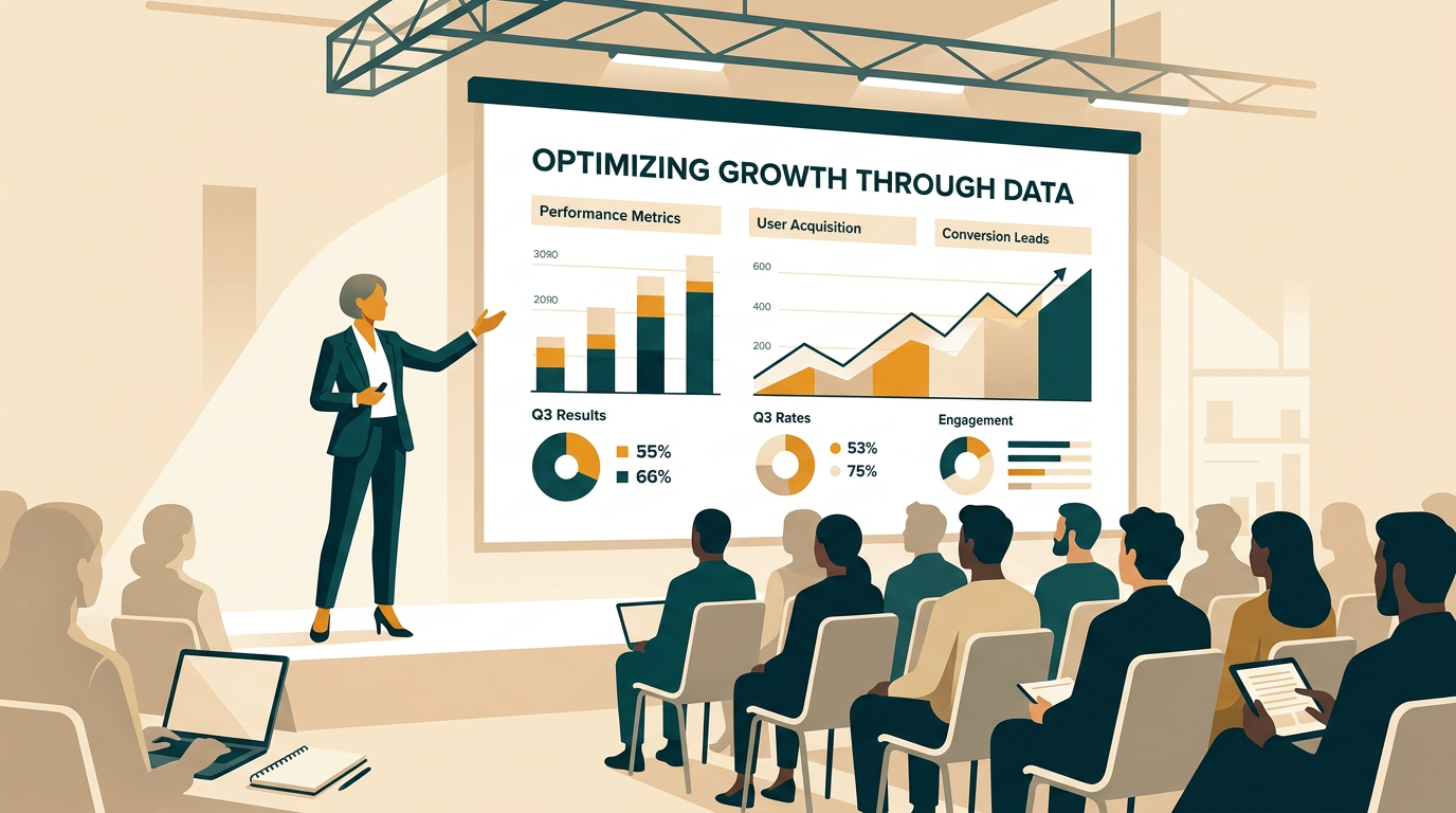 a presenter confidently speaking in front of a large projection screen showing a compelling PowerPoint slide with data visualizations to an engaged audience in a conference room