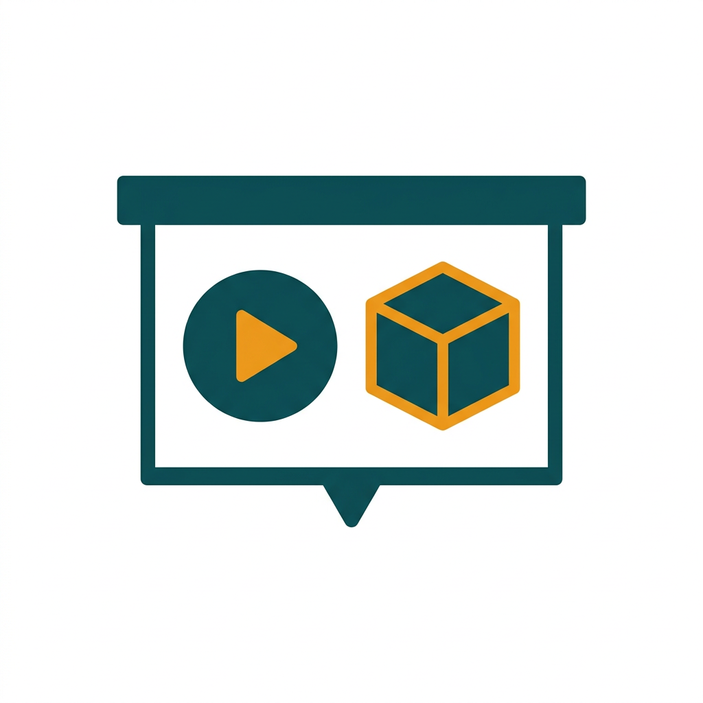 a video play button icon and a 3d cube icon embedded within a presentation slide
