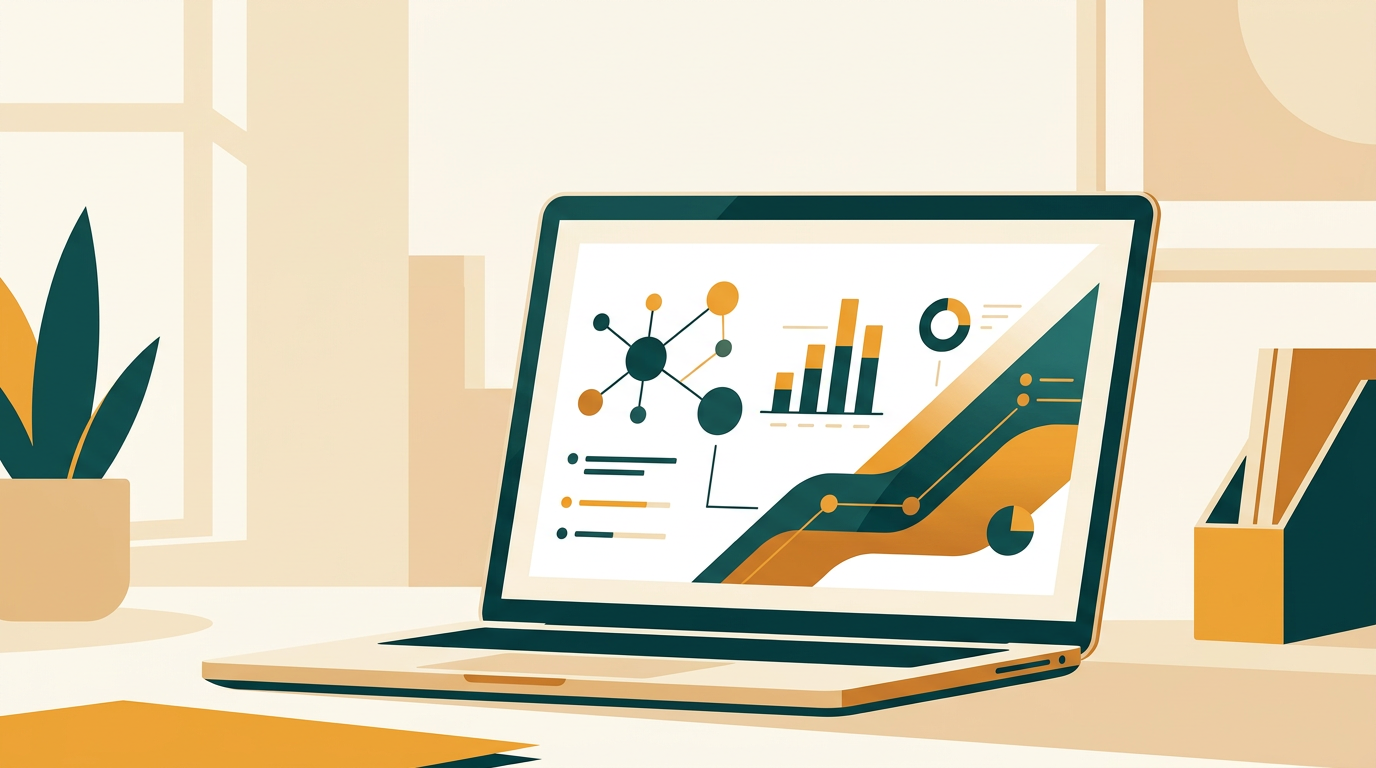 a laptop screen showing a professionally designed presentation slide with modern graphics and charts, set against a clean, uncluttered office background