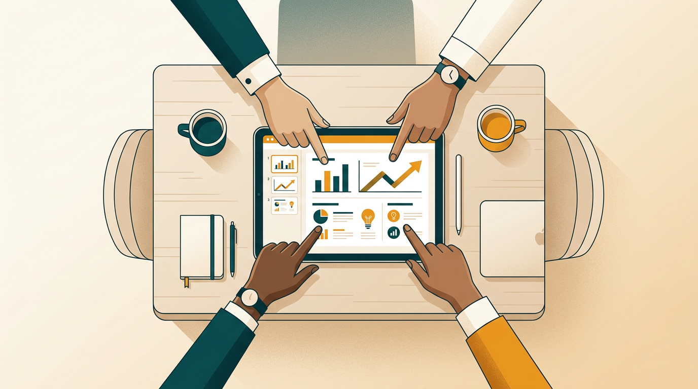 an overhead view of a meeting table where multiple hands are pointing at a tablet displaying a PowerPoint presentation, symbolizing teamwork and collaboration