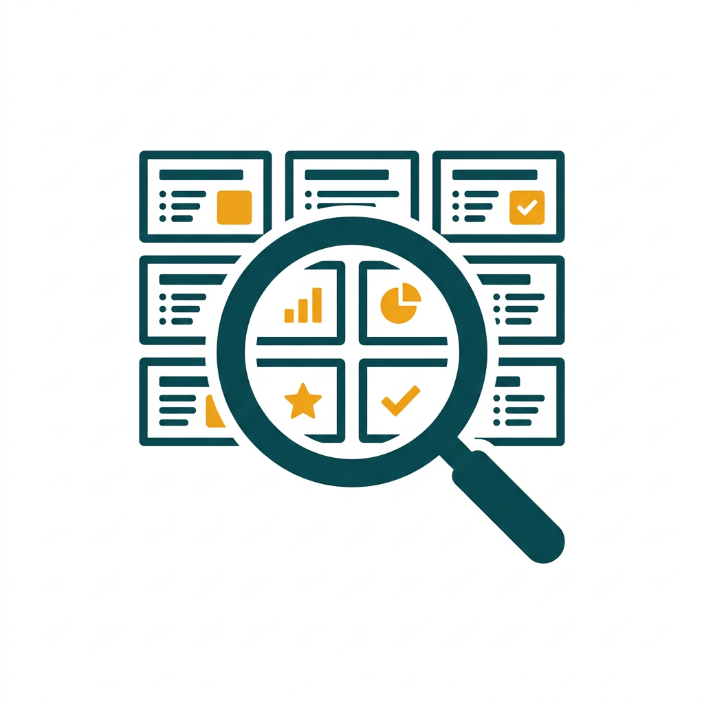 a magnifying glass icon over a grid of presentation slides