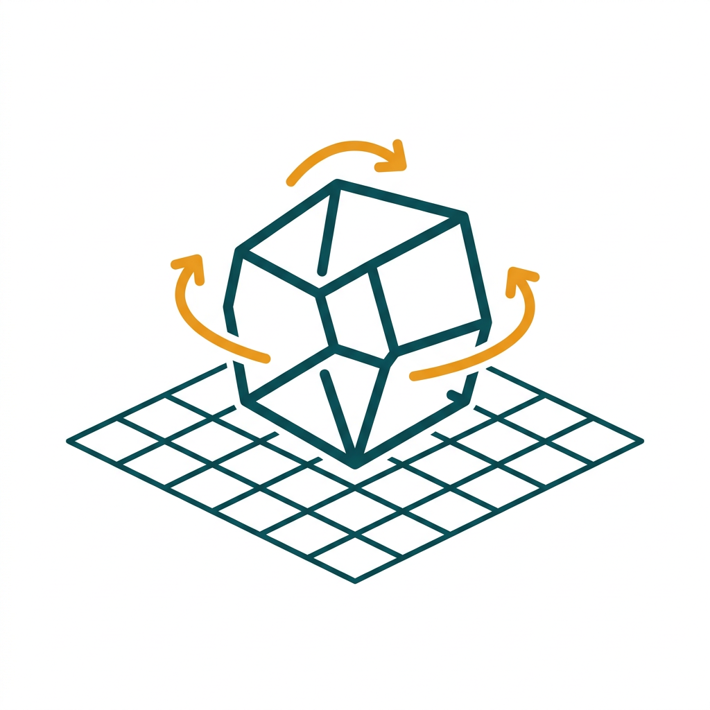 a wireframe 3D cube rotating in space on a grid