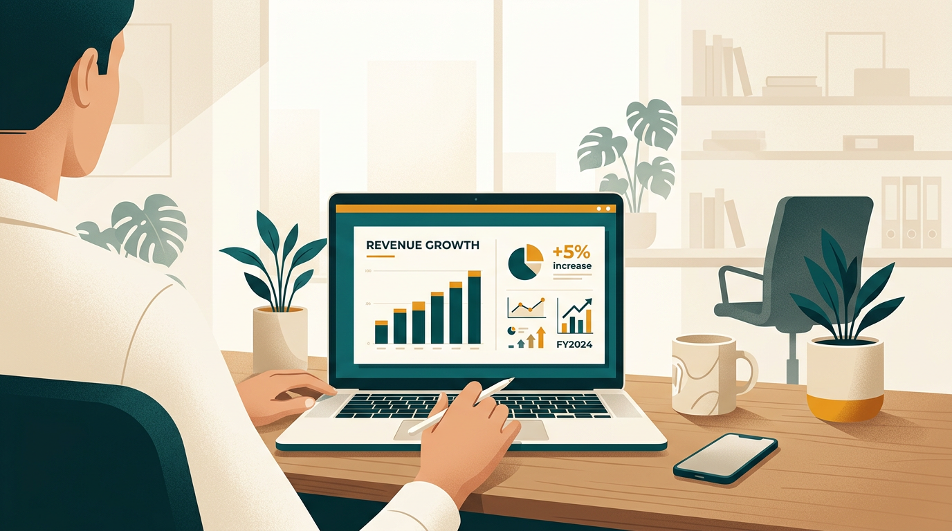 a clean, modern presentation slide being designed on a laptop screen, showing charts and minimal graphics, soft background editorial style