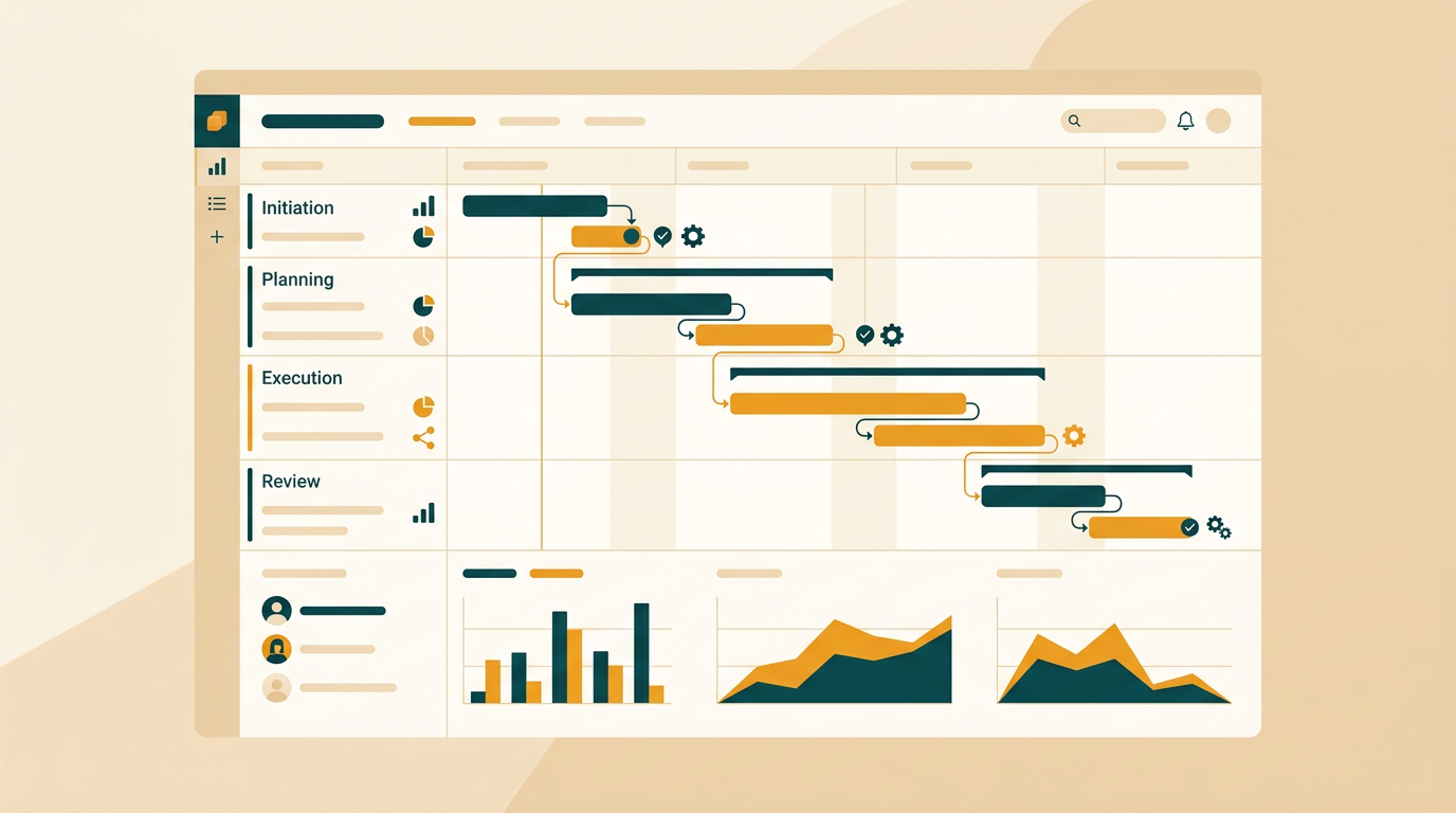a clean and modern user interface of a project management software showing a gantt chart with timelines, tasks, and resource allocation graphs, editorial style