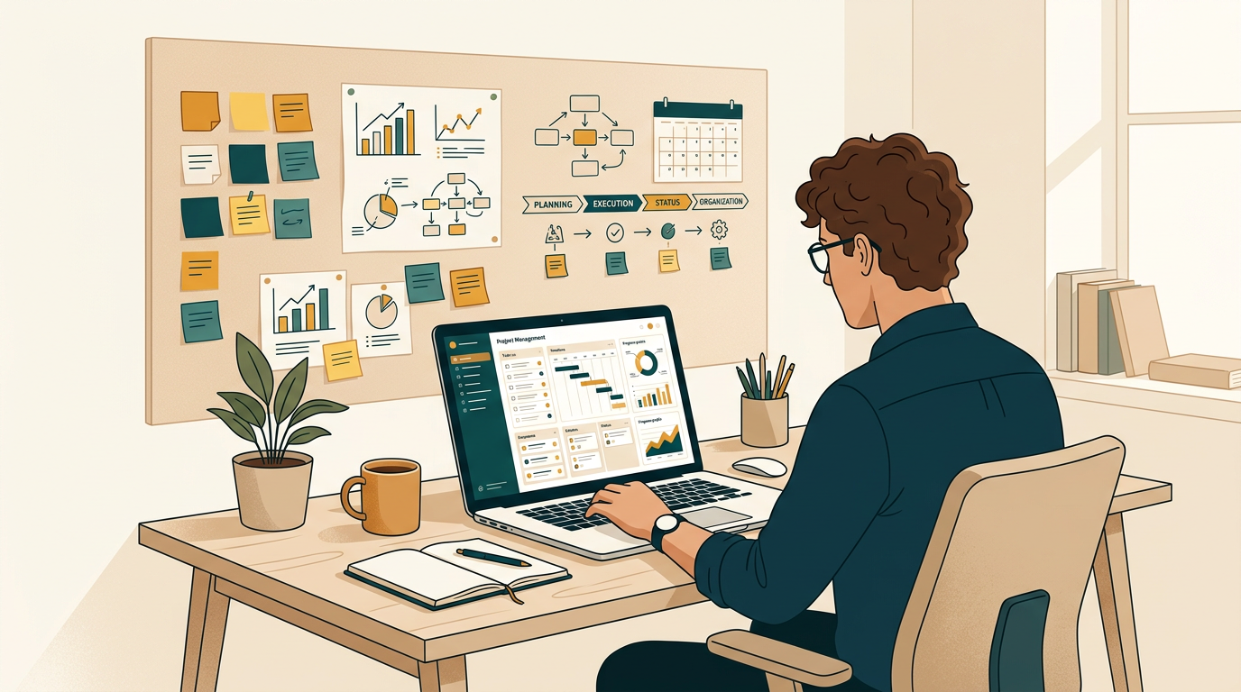 a person at a desk using a laptop with project management software, surrounded by sticky notes and charts on the wall, indicating planning and organization