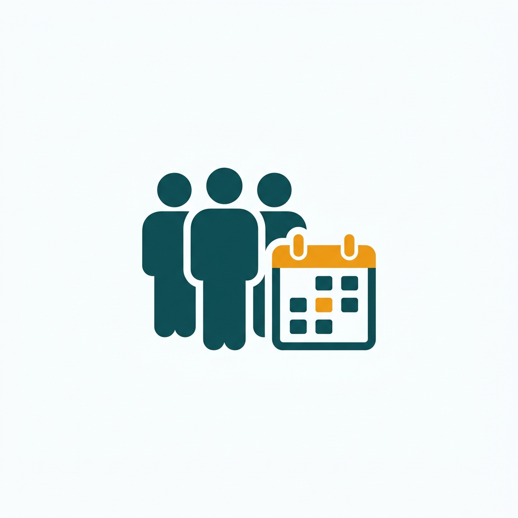 three simple human figures with a calendar icon, representing team scheduling